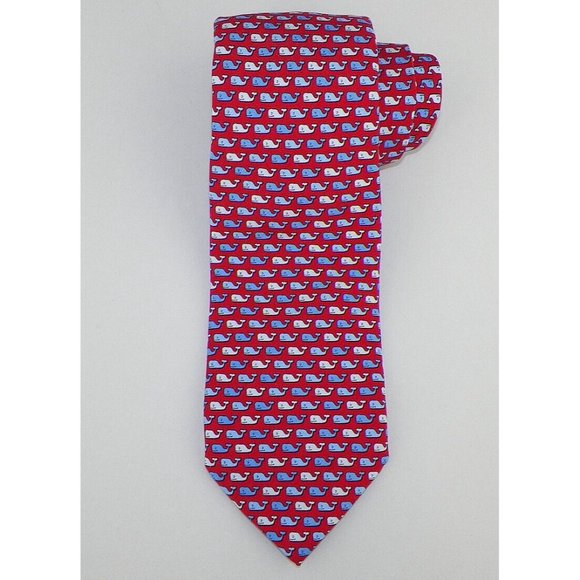 VINEYARD VINES Mens Red Blue WHALES Handmade Silk Tie USA NWT